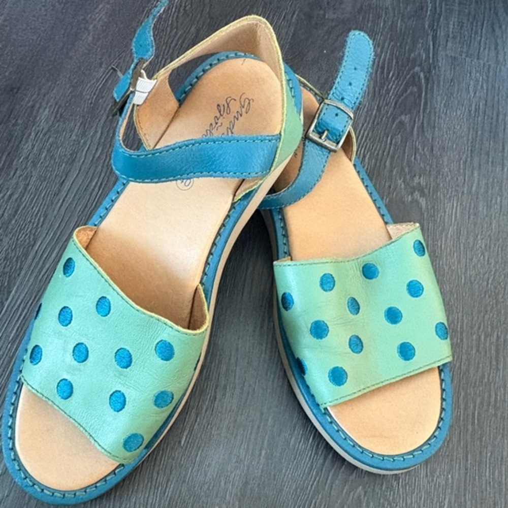 Gudrun Sjoden leather blue platform Polka Dot Sandals with Straps Sz 10